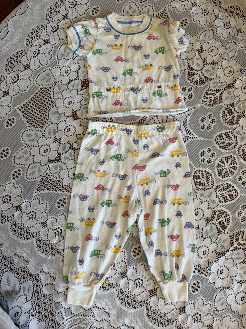 Vintage Toddler Car-Print Pajama Set - White with Red, Yellow & Green Cars